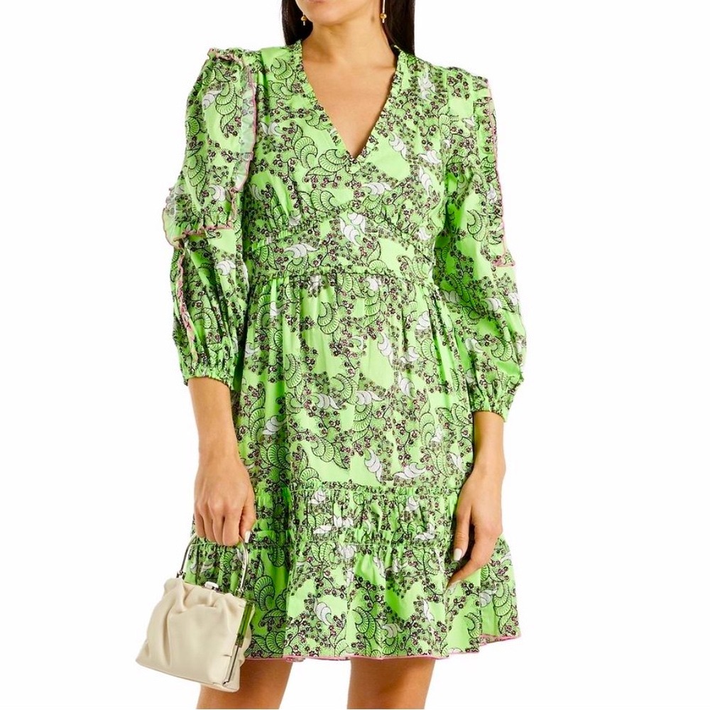 DVF Diane von Furstenberg Kourtney Ruffle Poplin Boho Dress Green Print Size 12